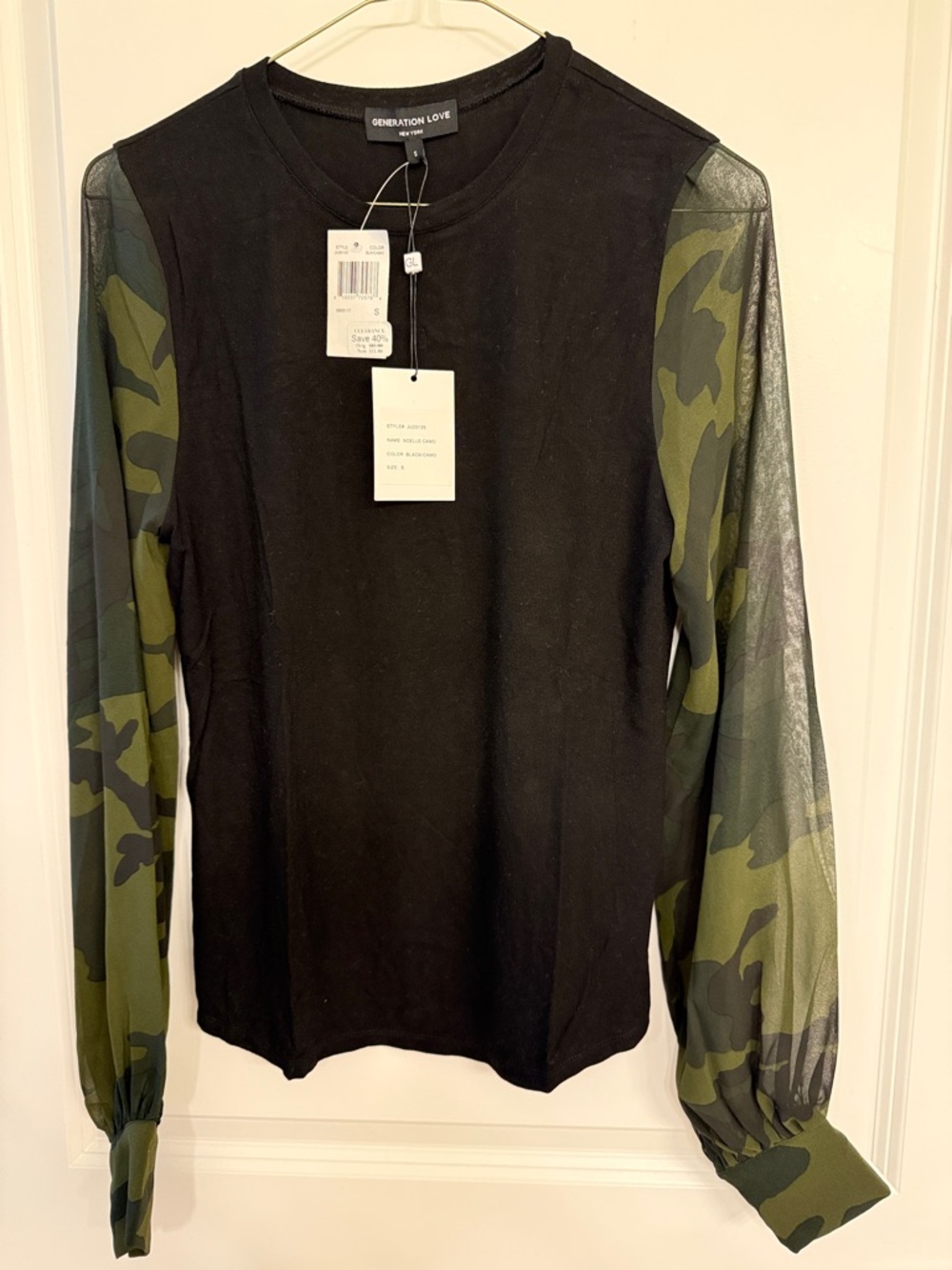 Generation Love Black Top with Olive Camo Sheer Sleeves and Crewneck